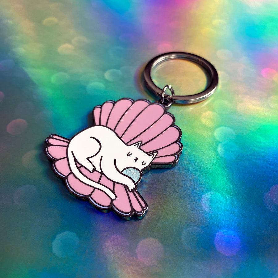 Clamshell Kitty Glitter Keyring by Merpola & I Like CATS  on holographic background