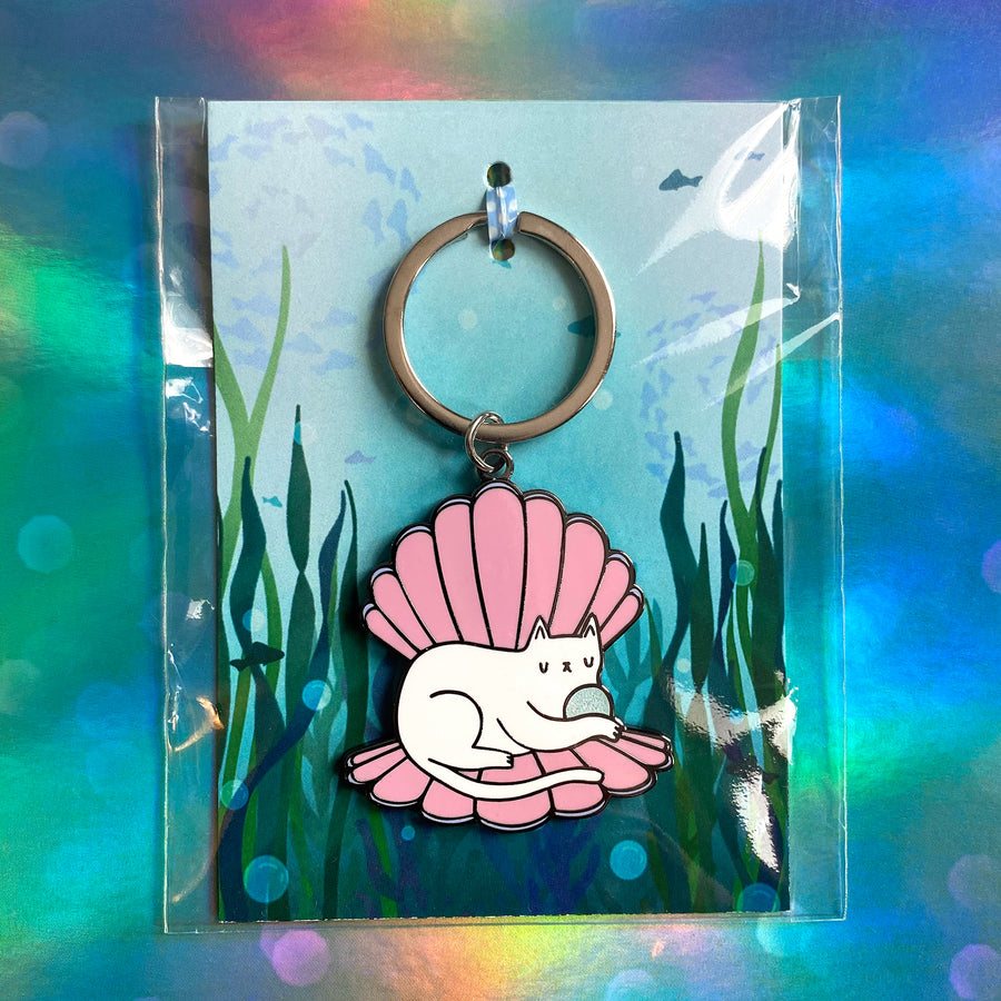 Clamshell Kitty Glitter Keyring by Merpola & I Like CATS  in packaging