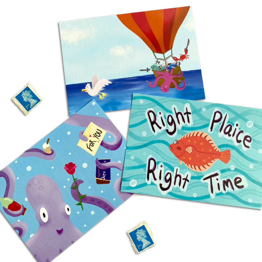3 Pack of A6 Postcards (Romance, Revenge, Right Plaice)