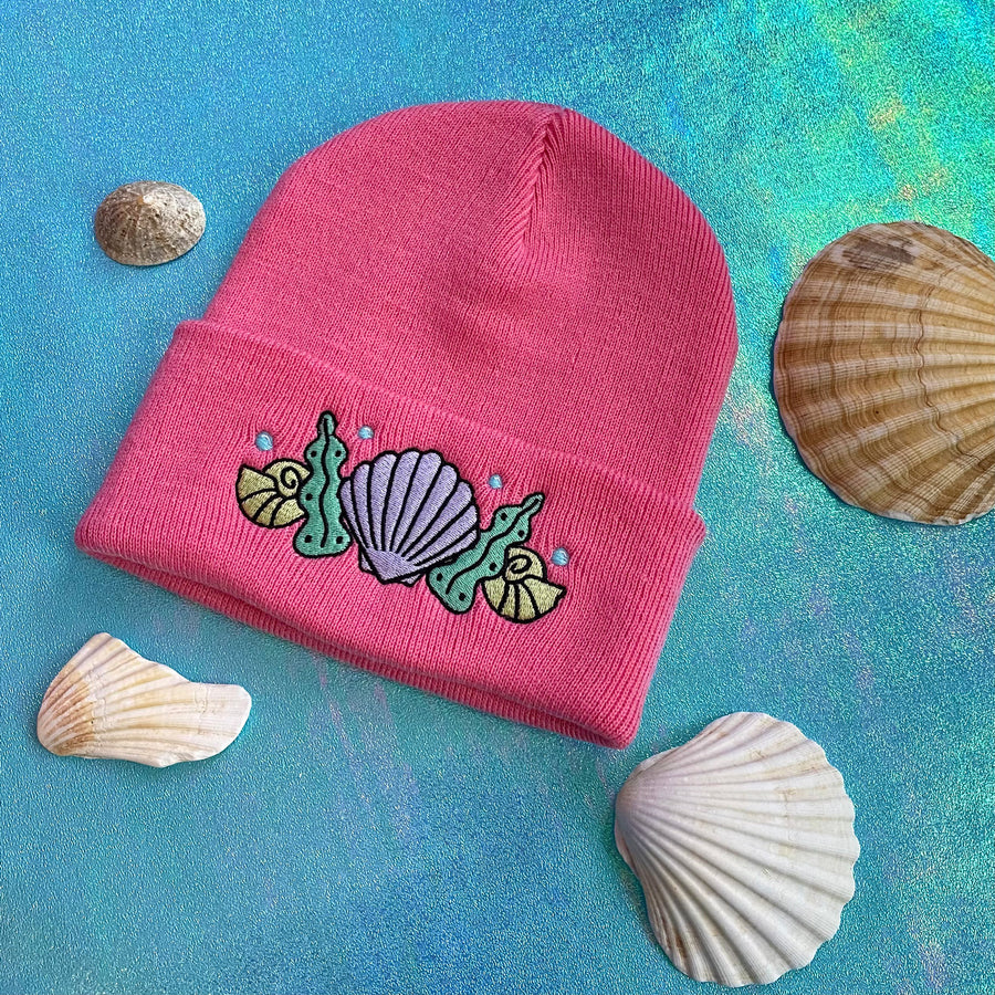 Shell Crown Beanie Hat - Coral Pink